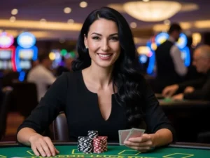 Woman smiling happily while playing poker at a casino carmine table inside a physical casino