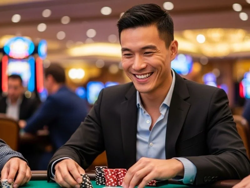 Happy man playing at a casino table with chips arranged, enjoying a winning moment at Casino La Union.