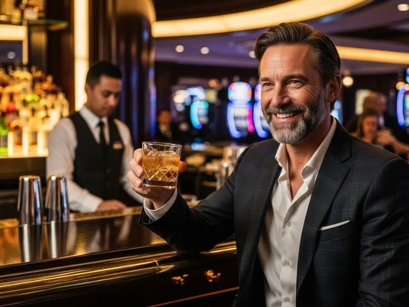 Smiling elderly man enjoying a game at the casino bar counter in Casino La Union