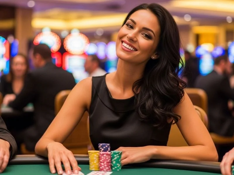Smiling woman playing cards at a casino table at Casino La Union