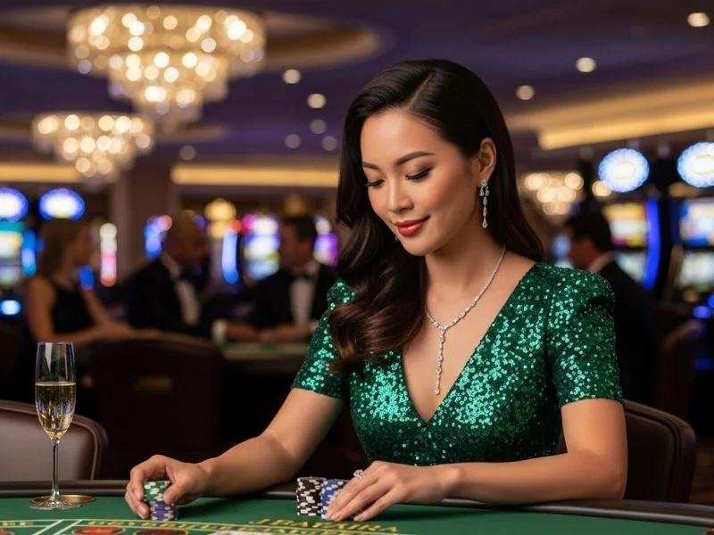 Woman smiling as she places a baccarat bet at a physical casino, enjoying the excitement at Casino La Union.