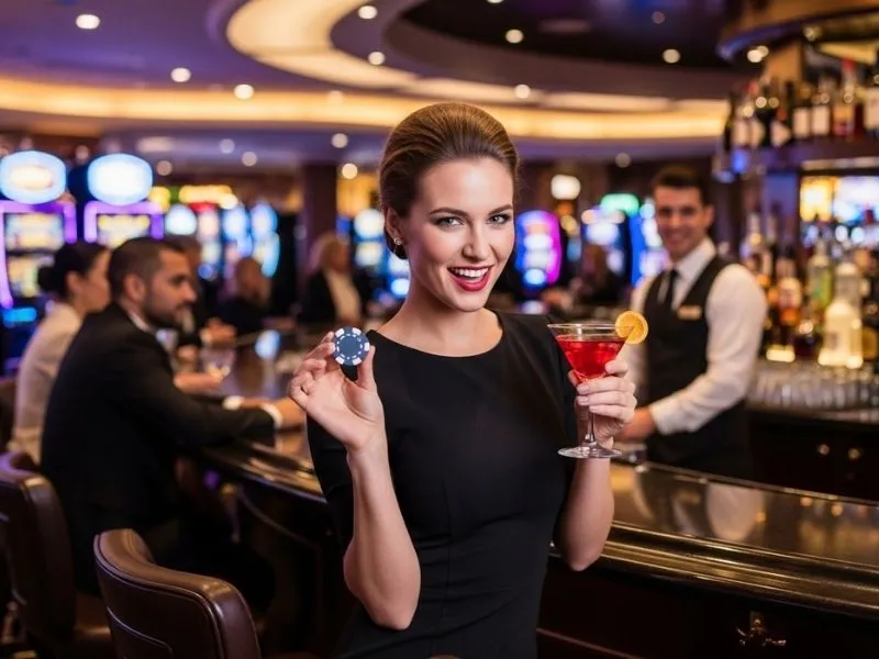 Happily smiling lady holding a casino chip at the casino bar inside Casino Limousine.