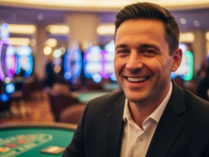 Man smiling while enjoying table games inside a casino limousine.