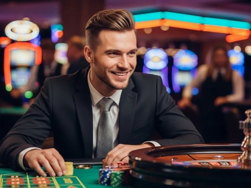 Man smiling while playing at a roulette table inside Casino Limousine.