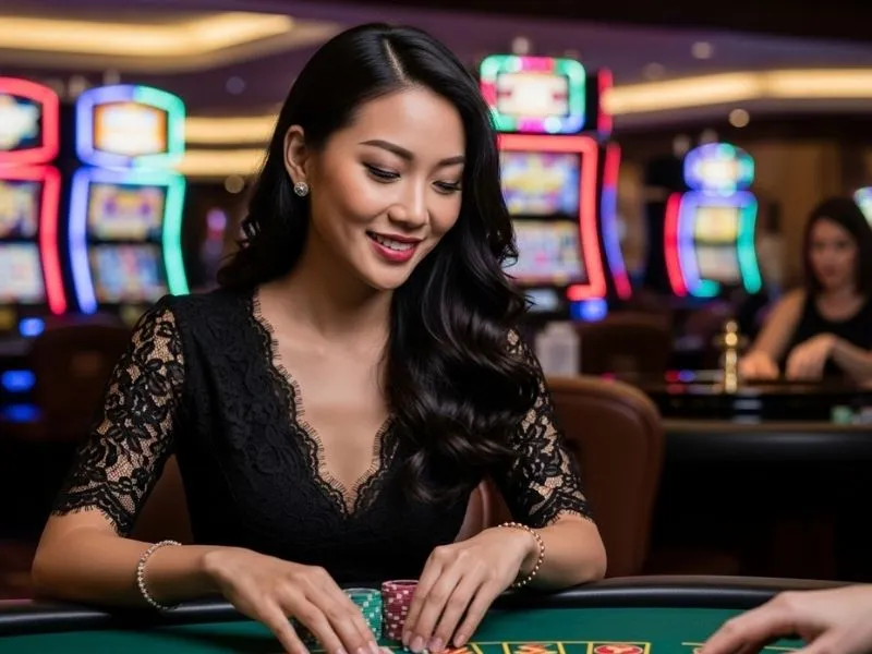 Happy woman wearing a casino mask while playing blackjack inside a physical casino.