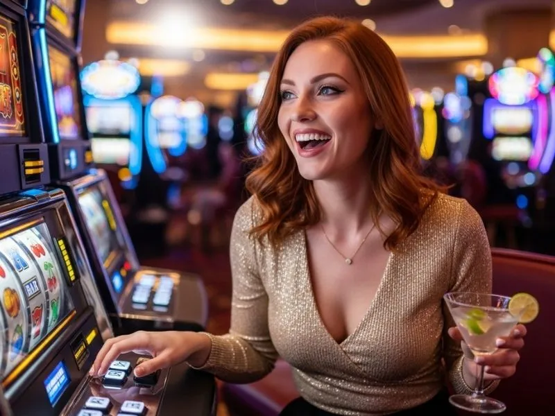 Happy woman playing blackjack while smiling at a casino table, enjoying the gaming experience with casino mask theme elements in the background.