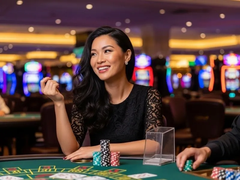 Smiling woman enjoying table games inside a physical casino for casino SWOT analysis