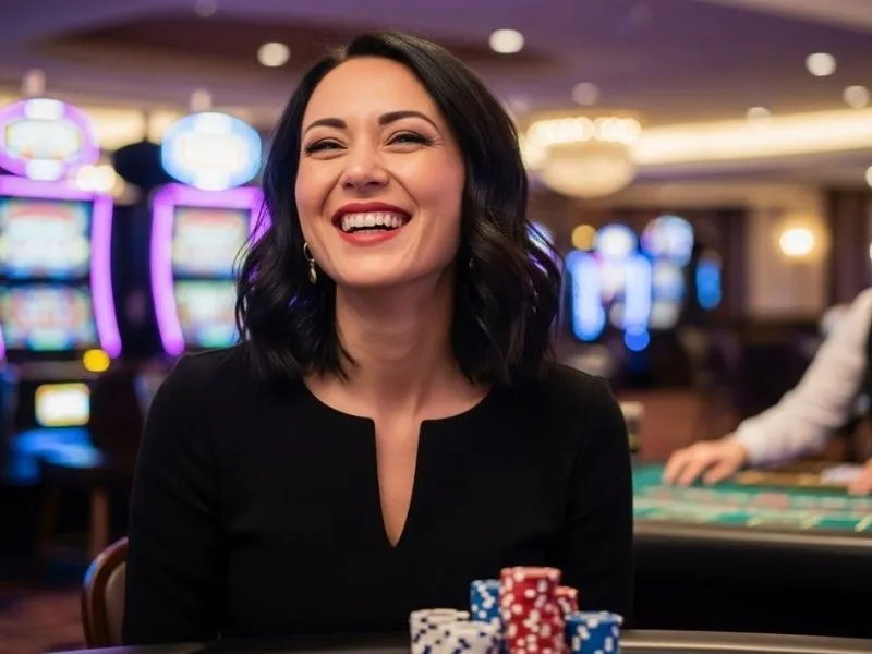 Woman laughing while playing casino games inside a physical casino – casino SWOT analysis concept