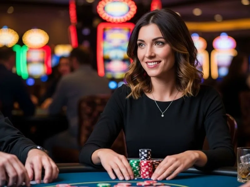 Woman smiling and playing poker at a casino table, illustrating casino SWOT analysis insights.