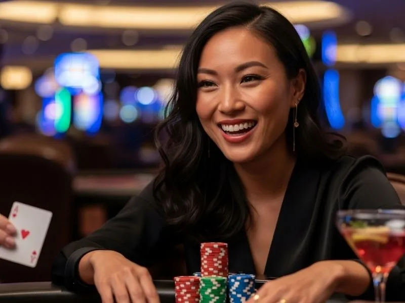Cheerful woman enjoying casino table games at a lively casino, highlighting casino table rentals