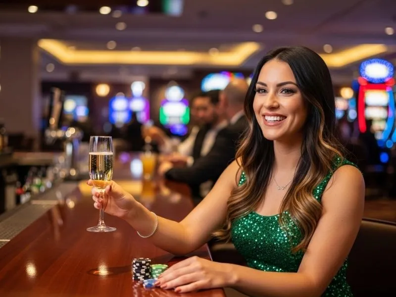 Happy woman celebrating a big win at a casino table inside a lively casino, showcasing casino table rentals in action.