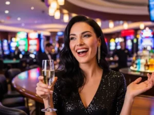Smiling woman enjoying a night out at a casino, playing games at a table provided by casino table rentals.