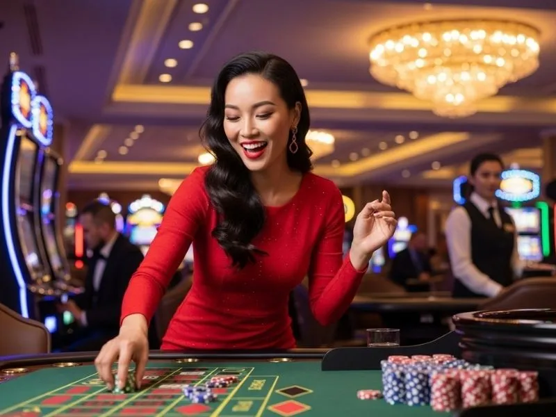 Happy woman smiling while playing roulette at a casino table, enjoying the Christina Cole Casino Royale experience.