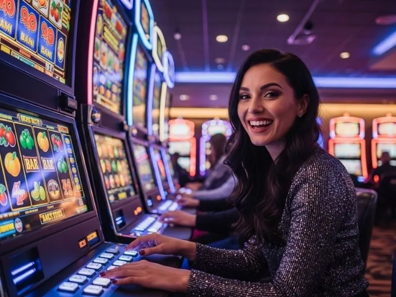Christina Cole Casino Royale woman happily playing a slot machine in a casino