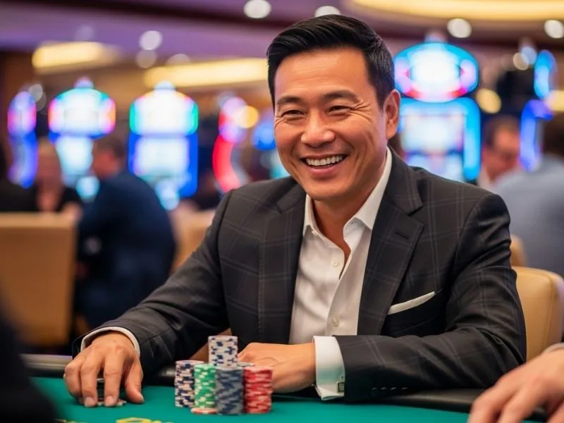 Christina Cole Casino Royale smiling man enjoying casino games with chips and cards on the table
