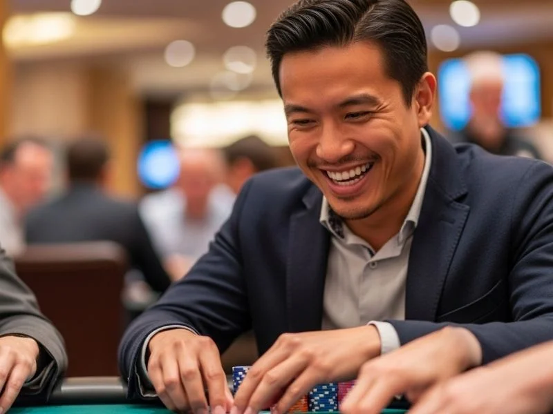Happy man smiling while playing with casino chips at a table, enjoying his time at Dream Play Casino.
