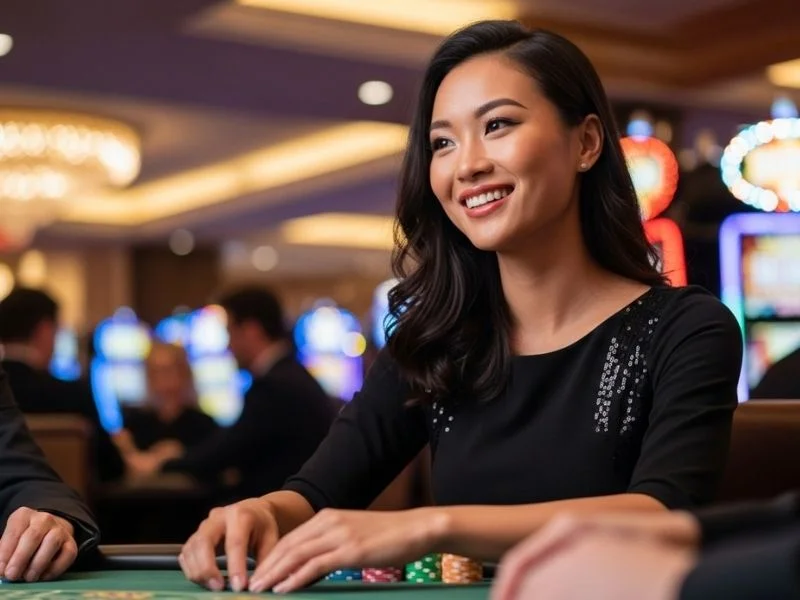 Happy woman sitting at a casino table with poker chips, enjoying her game at Dream Play Casino.