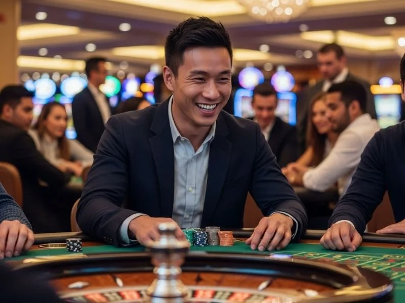 Smiling man enjoying a roulette spin at a physical casino, representing a fun experience with Dream Play Casino.