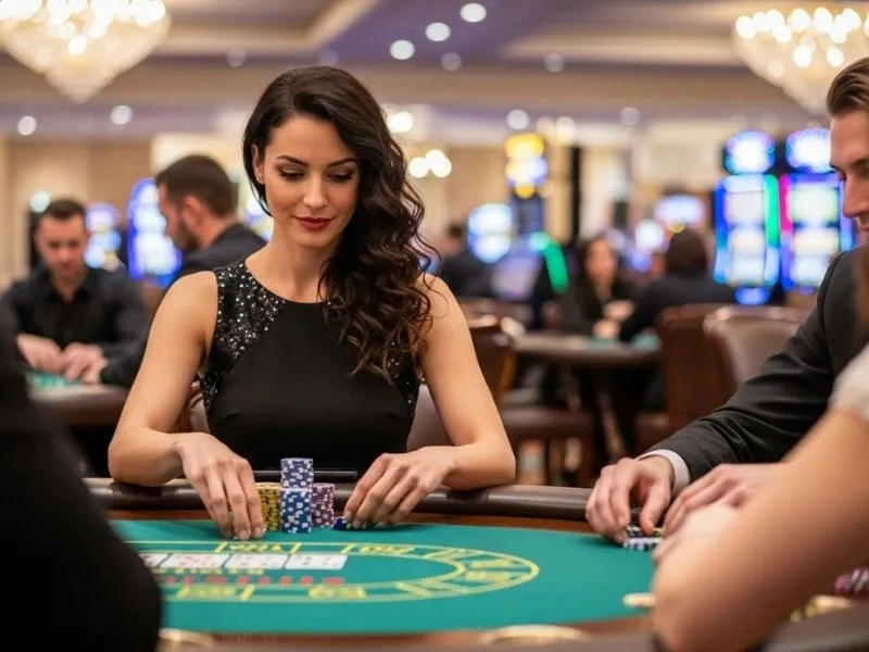 Cheerful woman playing poker with friends at Edgewater Casino, enjoying the lively casino atmosphere.