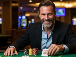 Happy elderly man smiling while playing poker at Edgewater Casino
