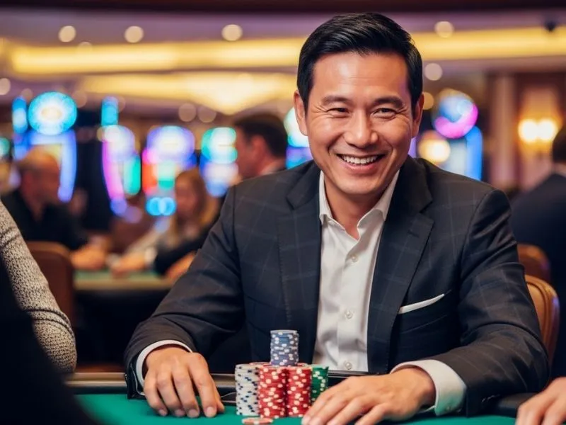 Man happily playing cards at Edgewater Casino table