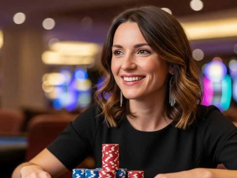 Smiling woman enjoying table games at Edgewater Casino with chips on the table