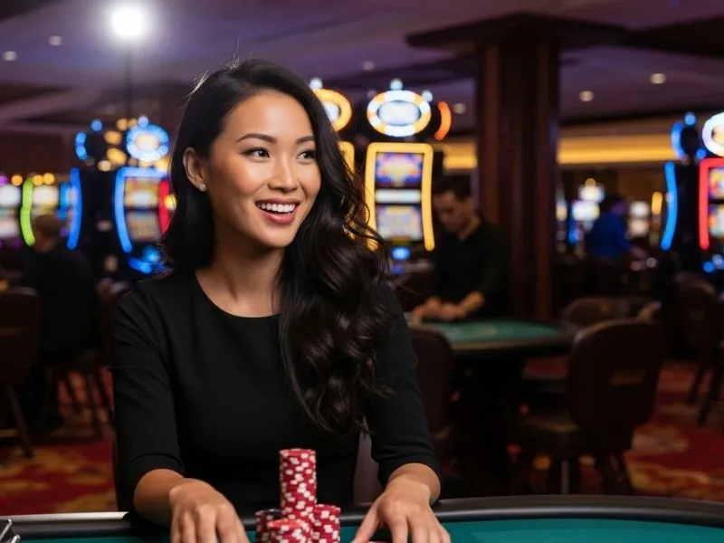 Woman smiling while playing casino games with chips on the table at El Rancho Casino