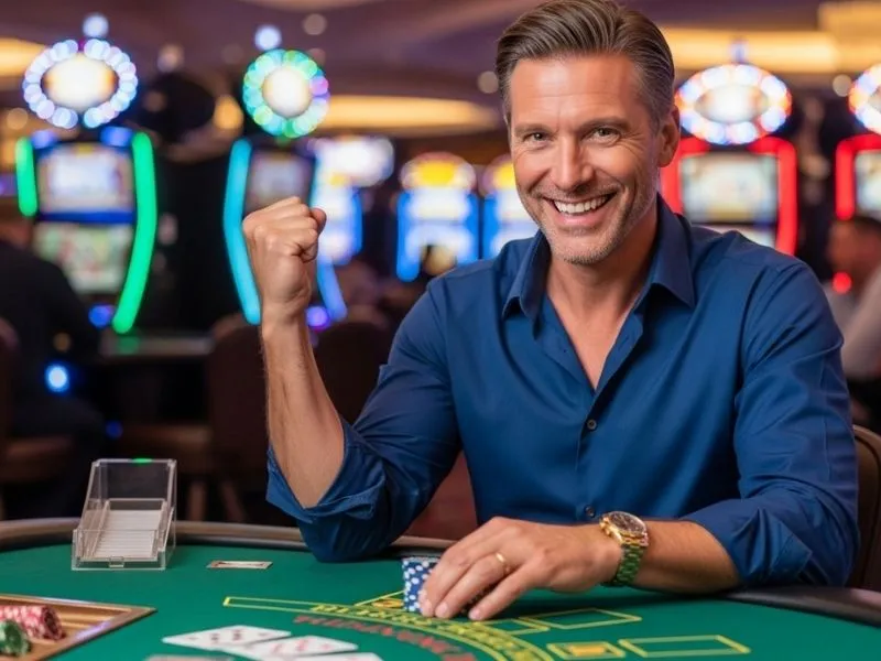 Man happily playing card games at a casino table inside El Rancho Casino