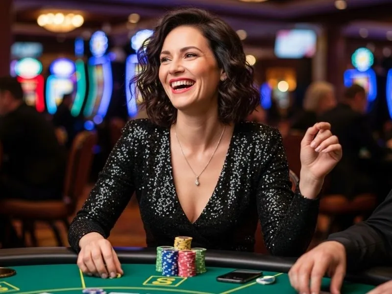 Smiling woman enjoying card games at a physical casino table at El Rancho Casino