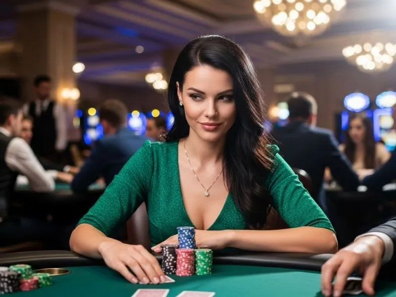 Woman grinning while playing poker at a casino table with chips in front, enjoying the lively atmosphere of Epiphone Casino Ebony.