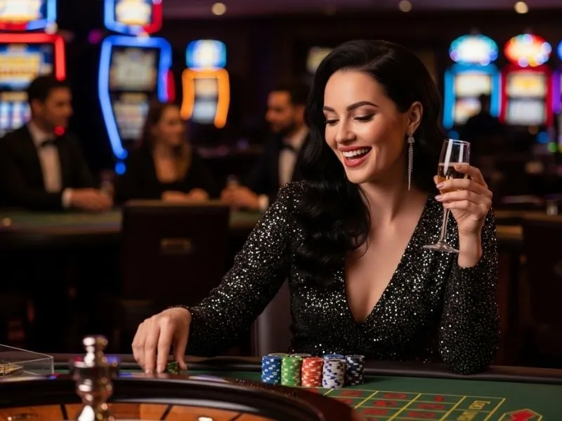 Smiling woman enjoying her night at a roulette table in a physical casino, featuring the excitement of Epiphone Casino Ebony.