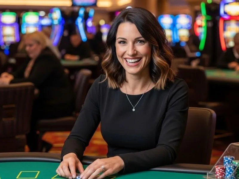 Woman laughing while playing baccarat at a casino table, enjoying the lively atmosphere of Epiphone Casino Ebony.