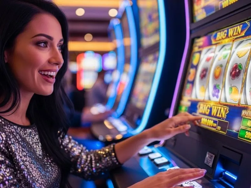 Happy woman enjoying a slots game at FB777 slot casino inside a lively casino