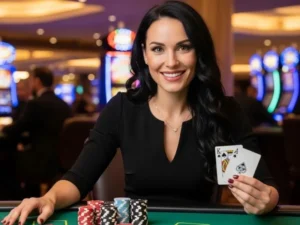 Smiling woman holding cards on a poker table inside a physical casino, enjoying the excitement of FB777 slot casino.
