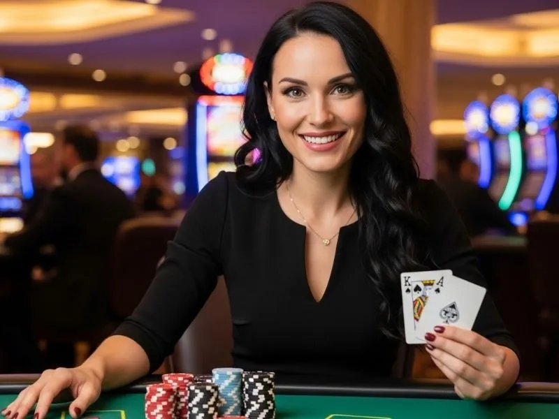 Smiling woman holding cards on a poker table inside a physical casino, enjoying the excitement of FB777 slot casino.