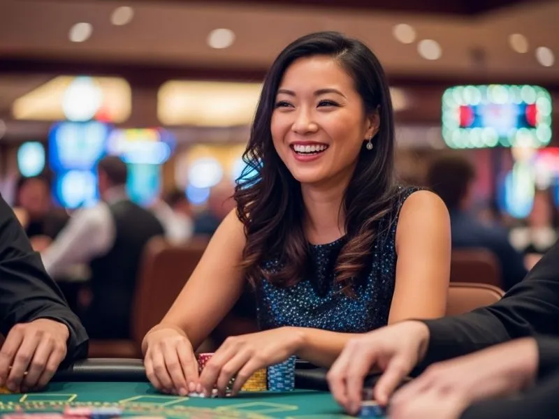 Woman happily playing poker with friends inside a casino, enjoying her time after FB777 slot casino login.