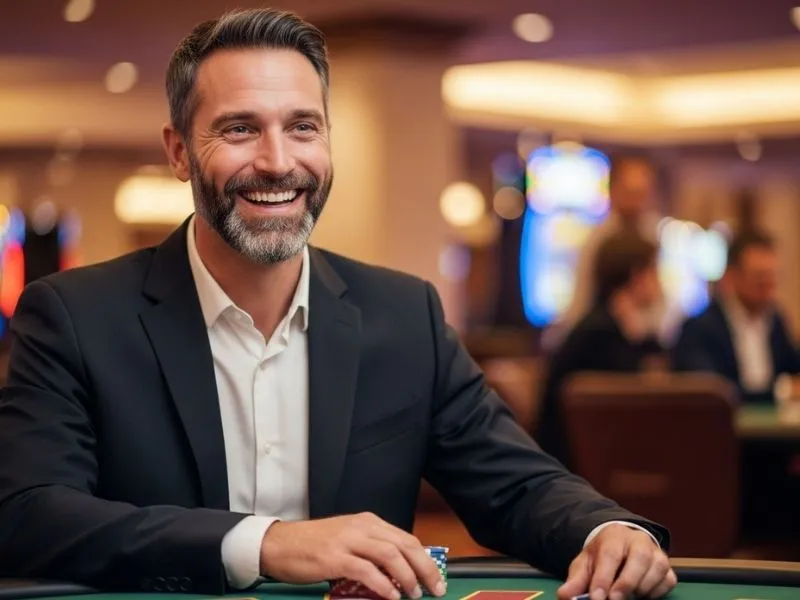 Smiling man enjoying table games at a physical casino, feeling excited after using fb777 slot casino login.