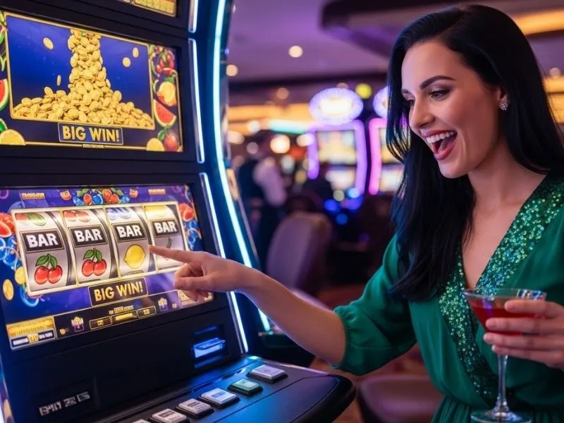 Woman smiling while playing slot machines inside a casino, enjoying her gaming experience at fb777 slot casino login.