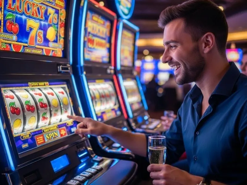 Smiling man playing slot machines inside a physical casino at fb777 slot casino