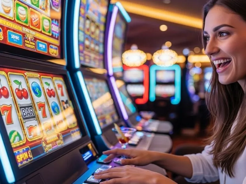 Woman happily playing slot machines inside a physical casino at FB777 slot casino.