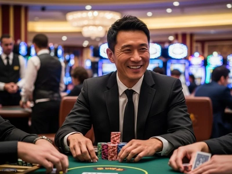 Happy man playing poker with casino chips at a physical casino, enjoying his time at Fiesta Casino