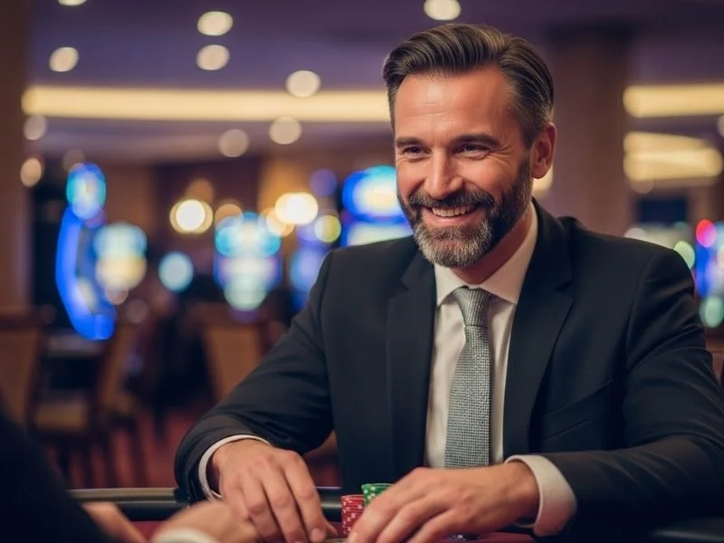 Happy elderly man smiling while playing casino games, enjoying his time at Fiesta Casino.