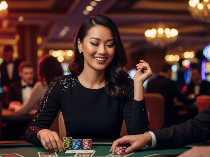 Happy woman smiling while playing casino games at a table, enjoying her time at Fiesta Casino.