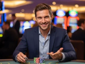 Smiling man enjoying casino games with colorful chips on the table at Fiesta Casino