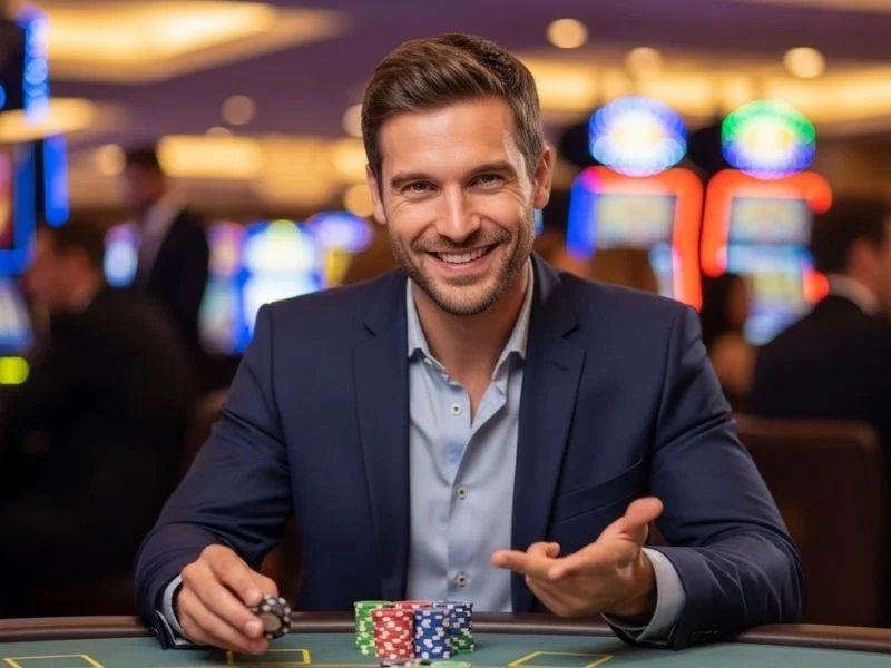 Smiling man enjoying casino games with colorful chips on the table at Fiesta Casino
