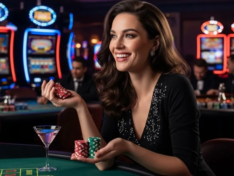 Happy woman holding casino chips and smiling while playing at a casino table at Fruits4Real Casino