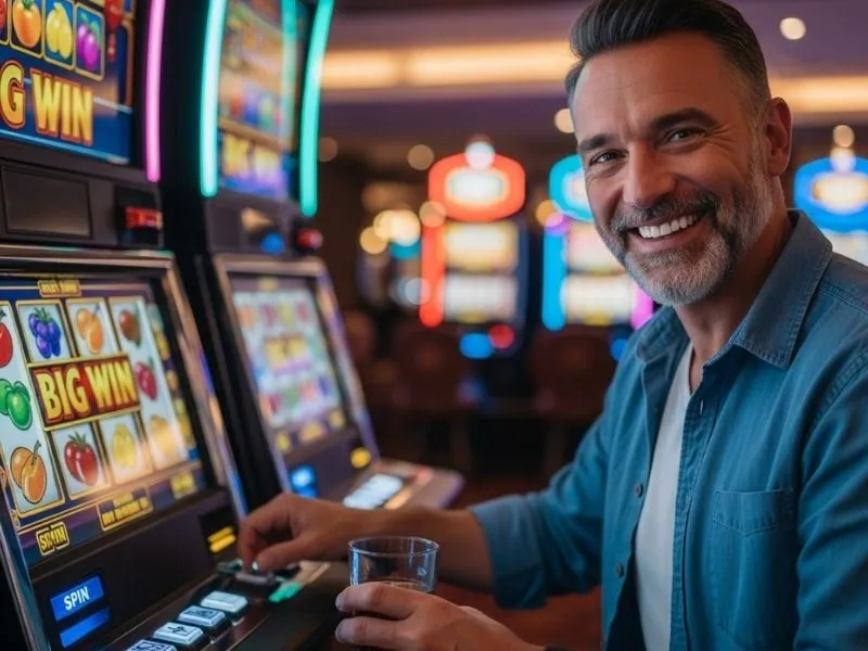 Man smiling while playing slot machines at a casino, enjoying the excitement of fruits4real casino