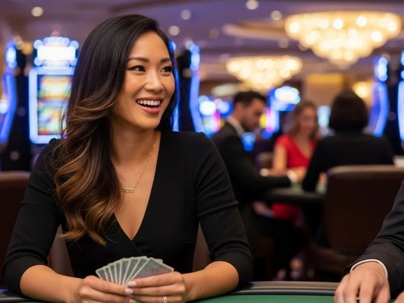 Woman laughing while playing table games at a casino, enjoying her winnings at Fruits4Real Casino