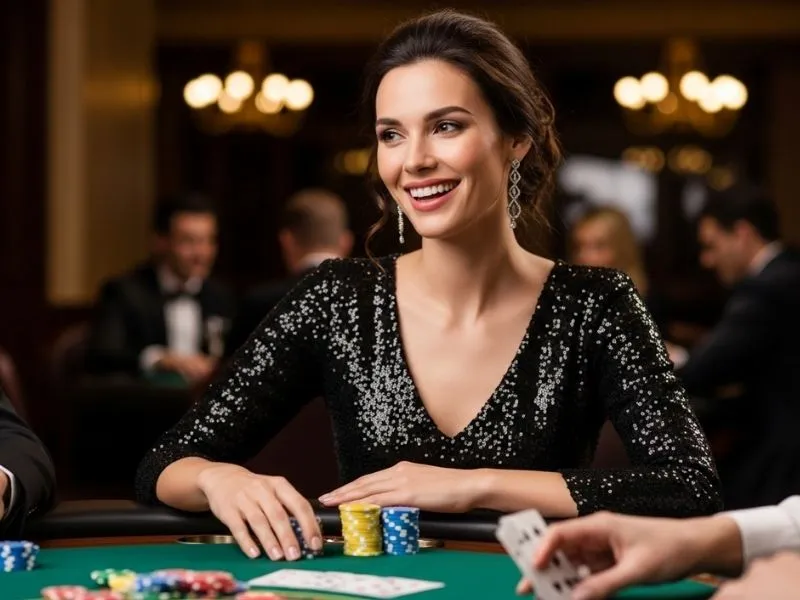 Woman smiling happily at a poker table inside a casino, enjoying her winnings at Fruits4Real Casino.