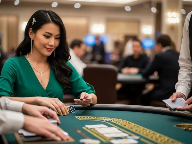 Happy woman playing poker in a casino with a green casino chip theme